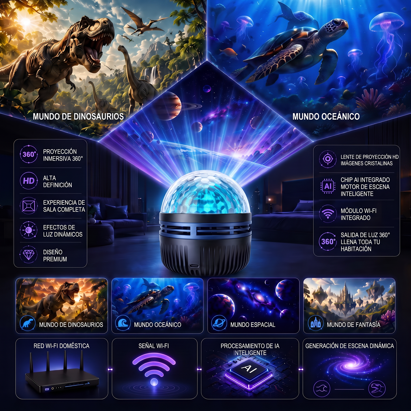 Tienda Oficial | 💕🎁 Proyector holográfico inteligente de cielo estrellado SCNDR® 360°（HD Smart Dynamic 5D）